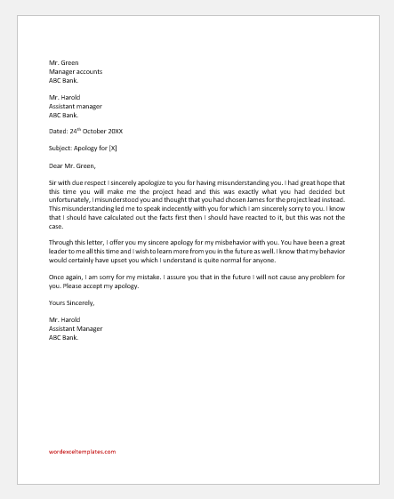 Misunderstanding letter for professional apology Letter to