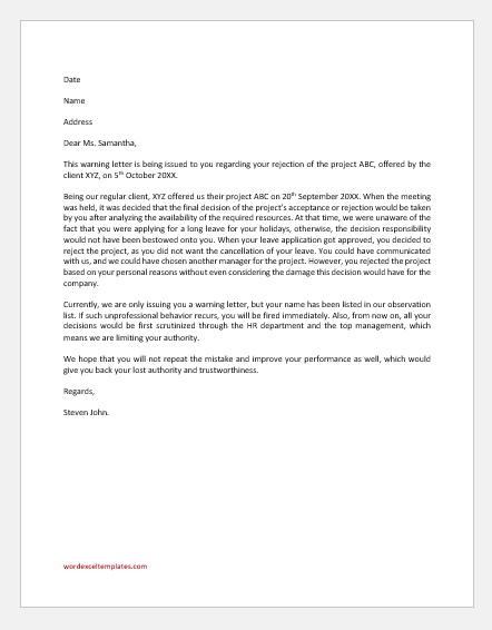 Warning Letter to an Employee for Rejecting a Project