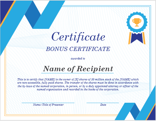 Bonus Certificate Template for Word