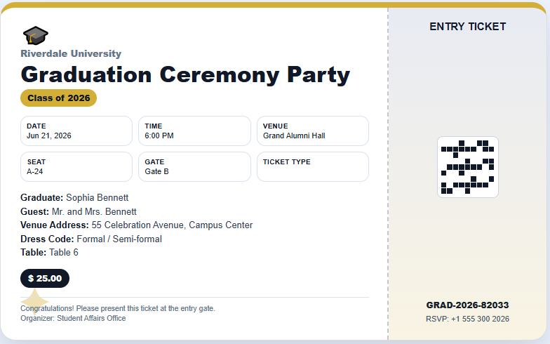 Graduation Ceremony Party Ticket