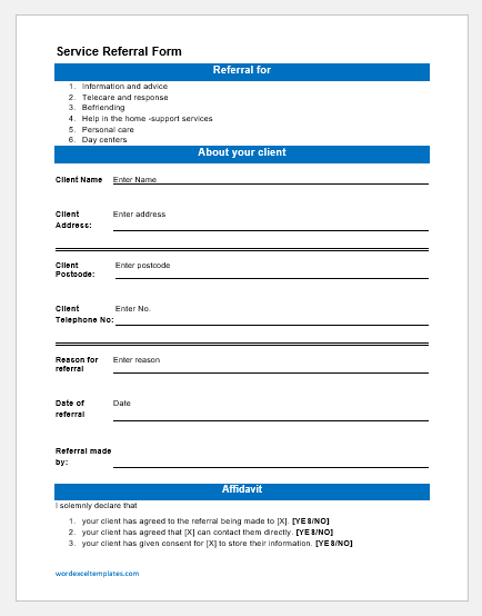 Service referral form template for Word