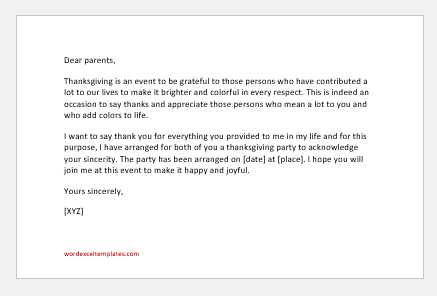 Thanksgiving Invitation Letter to parents