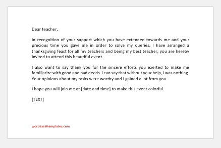 Thanksgiving Invitation Letter to teachers