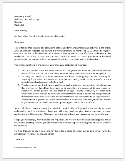 Letter of Counselling for Unprofessional Behavior