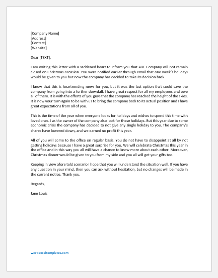 Letter to Staff for Not Closing on Festival