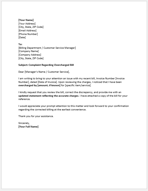 Complaint Letter for Overcharged Bill