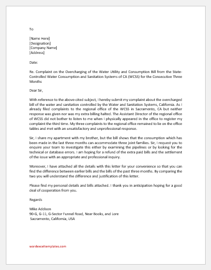 Complaint Letter for Overcharged Water Bill