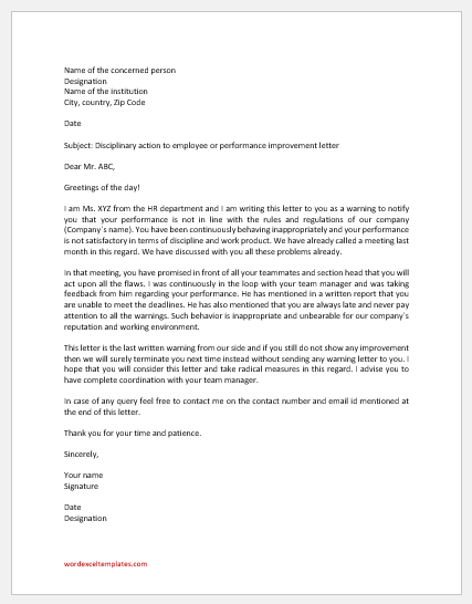 Disciplinary Action Letter for Performance