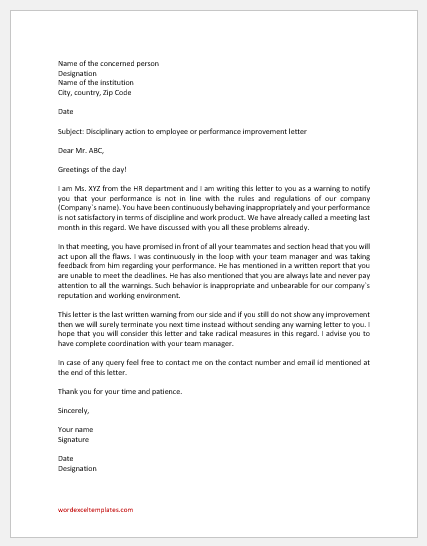 Disciplinary Action Letter for Performance | Word & Excel Templates