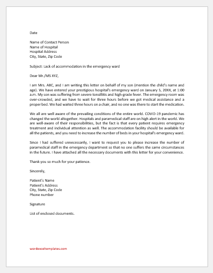 Letter to Hospital for Lack of Accommodation