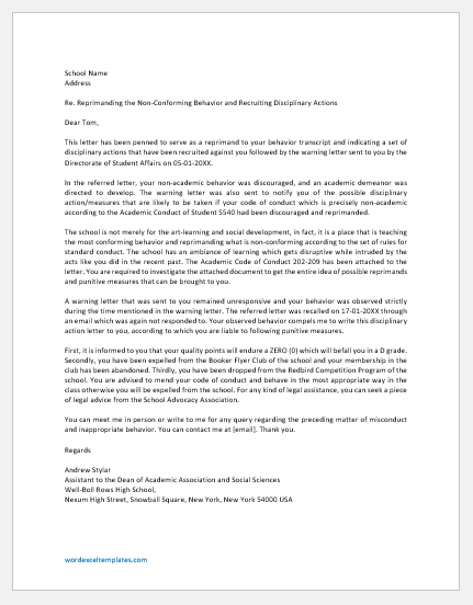 Student Disciplinary Action Letter