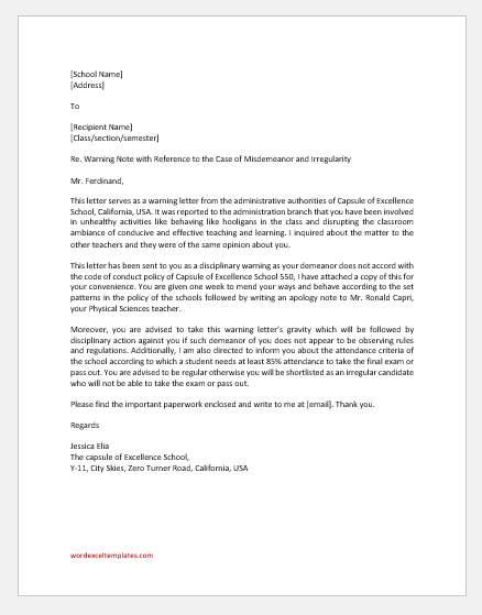 Student Disciplinary Warning Letter