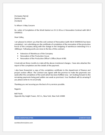 Work Completion Letter for Engineer