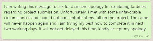 Apology Message for Delay in Project Completion