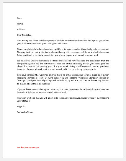 Disciplinary Action Letter For Bad Attitude Word Excel Templates