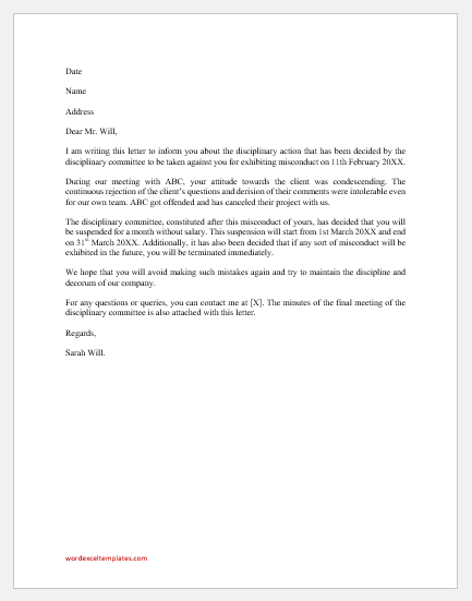 Disciplinary Action Letter for Misconduct