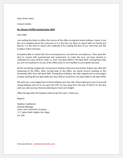 Easter Holiday Closure Letter