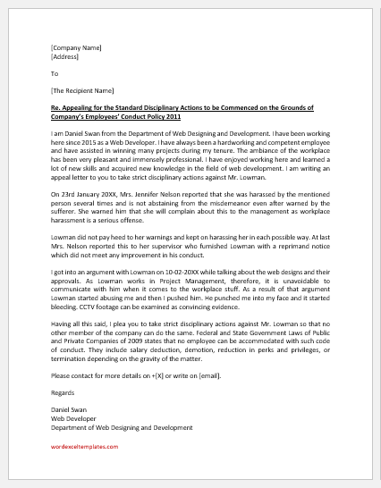 Letter of Appeal for Disciplinary Action