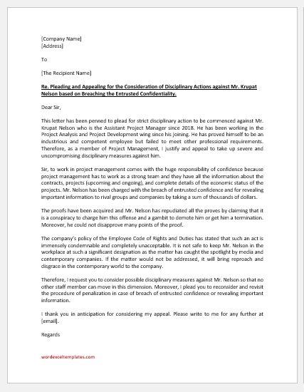 Letter of Appeal for Disciplinary Action