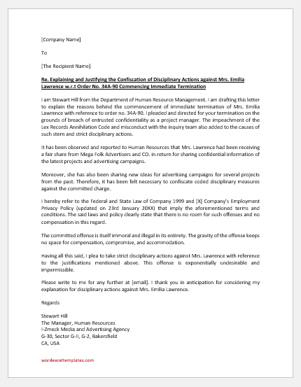 Letter of Explanation for Disciplinary Action