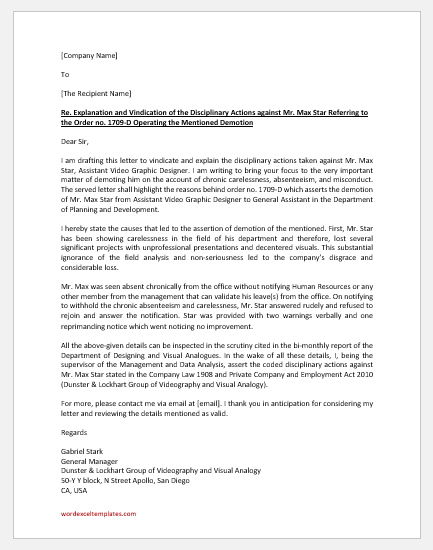 Letter of Explanation for Disciplinary Action