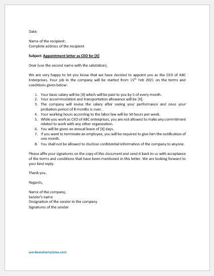 CEO Appointment Letter Template