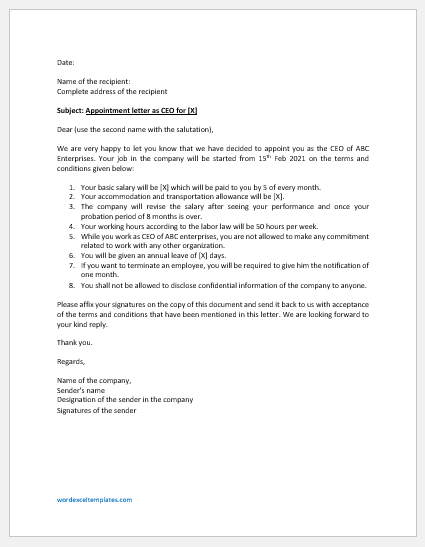 Ceo Appointment Letter Template Word Excel Templates