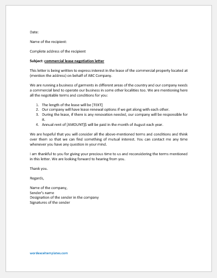 Commercial Lease Negotiation Letter Template