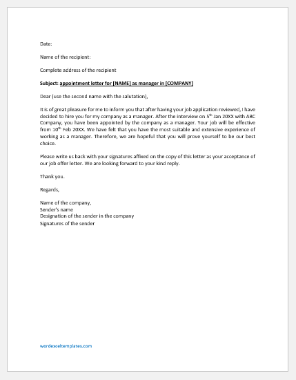 Company Appointment Letter for Manager