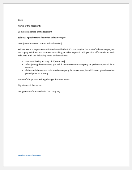 Company appointment letter for the sales manager