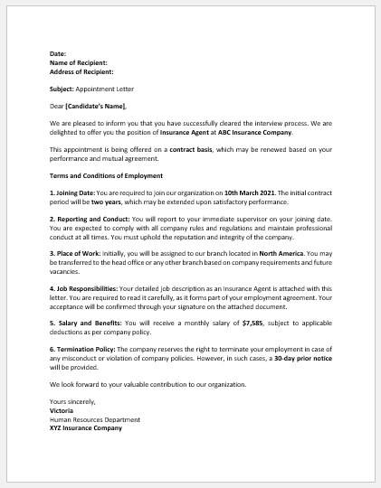 Insurance Company Appointment Letter