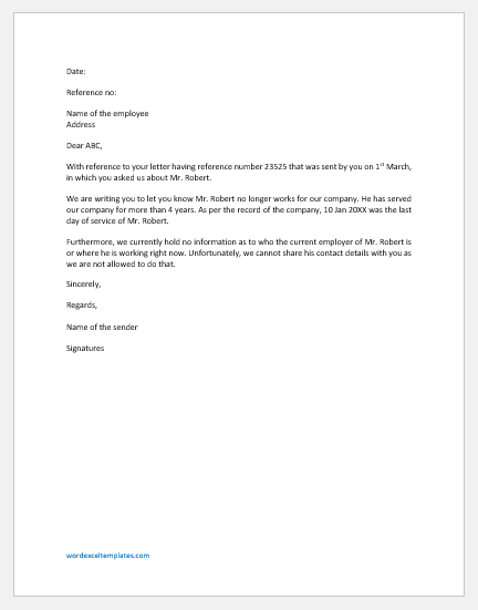 Letter Stating Person No Longer Employed Word Excel Templates