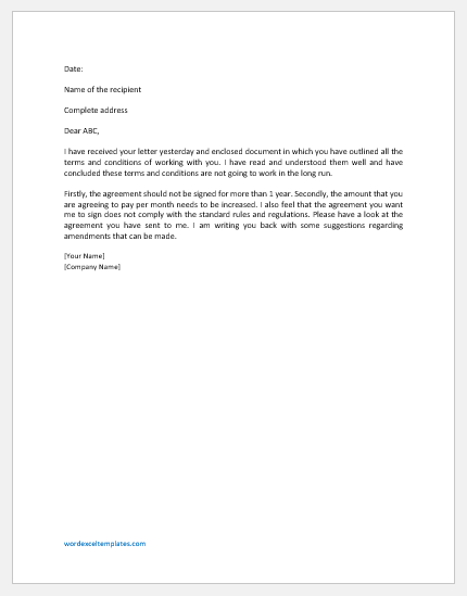 Letter of disagreement sample template