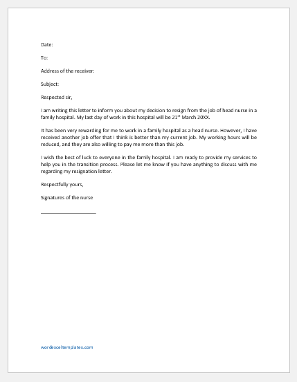 Nurse Resignation Letter for Another Job Offer