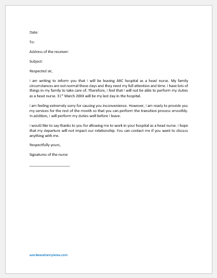 Nurse Resignation Letter for Family Reason