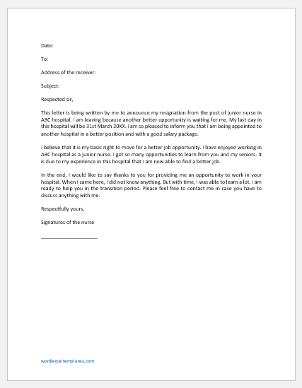 Nurse resignation letter for better opportunity