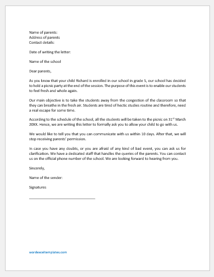 Parent's Permission Letter for Picnic