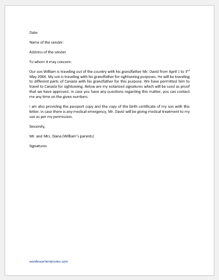Permission Letter of Travel with Minor