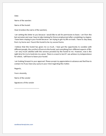 Permission Letter to Hostel Warden for Leave | Download