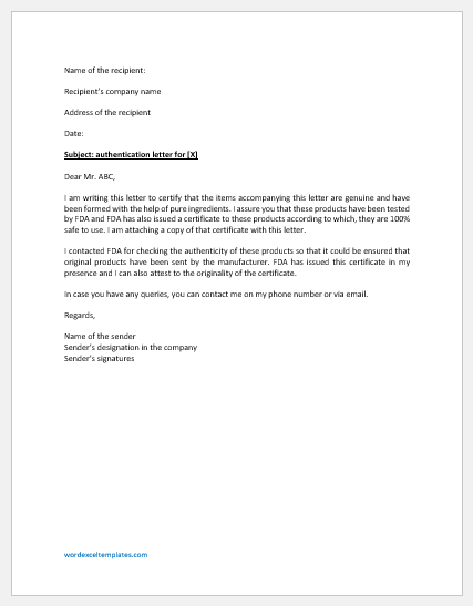 Sample Authentication Letter Template