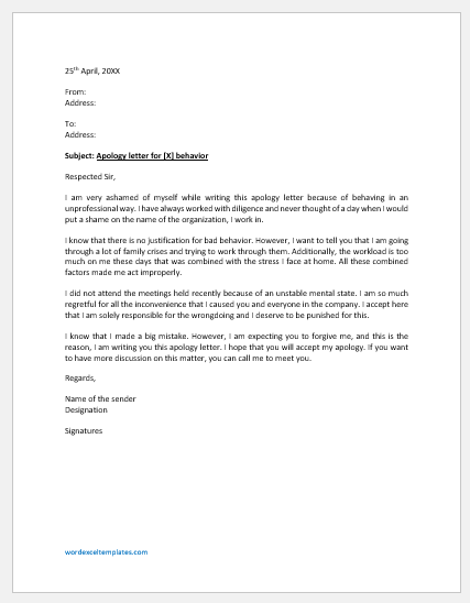 Apology letter for unprofessional behavior