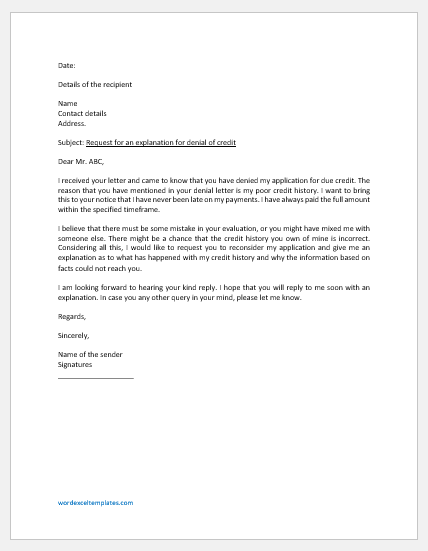 Letter Requesting an Explanation for Denial of Credit