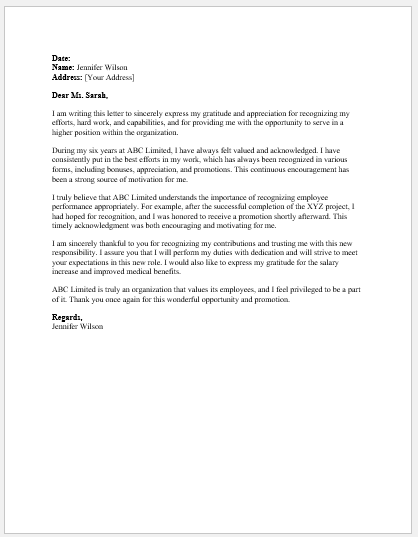 Letter of Gratitude and Appreciation for Promotion