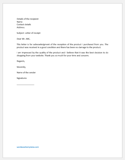 Receipt Letter Template