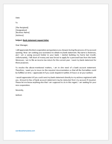 Bank Statement Request Letter