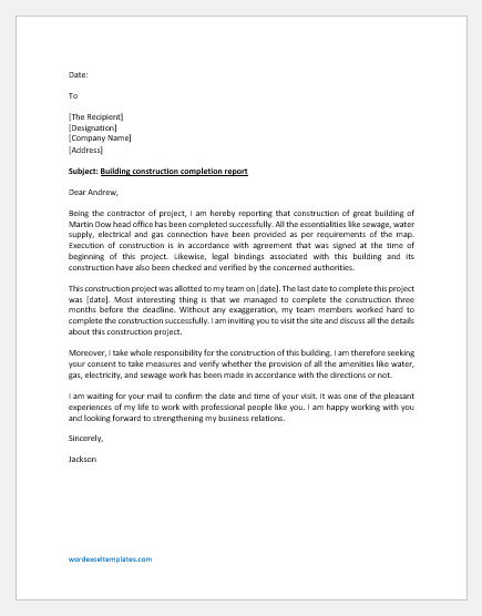 Building Construction Completion Report Letter