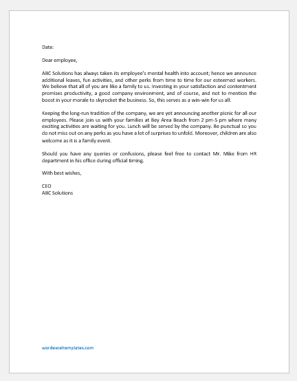 Company picnic announcement letter