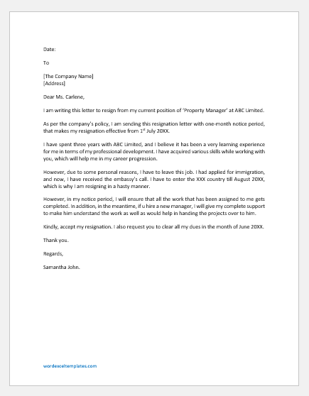 Resignation Letter from Property Management Office