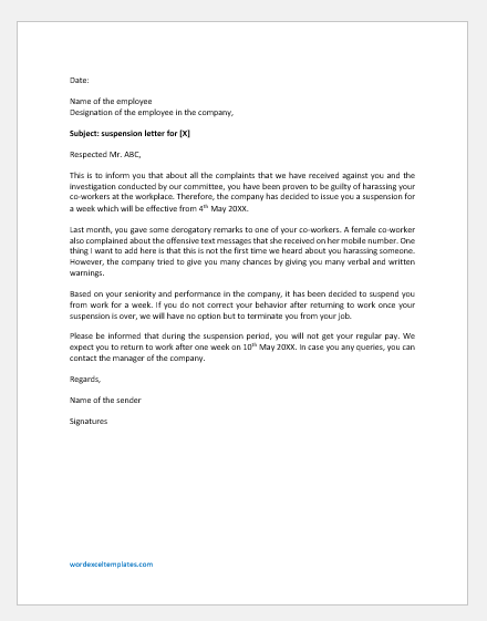 Suspension Letter due to Harassment