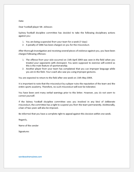 Suspension Letter to Player for Misconduct